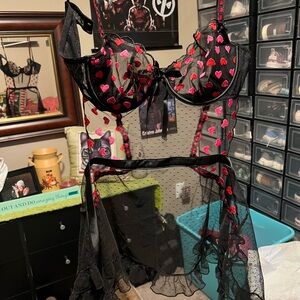 Sheer Black and Red Heart Lingerie Set
